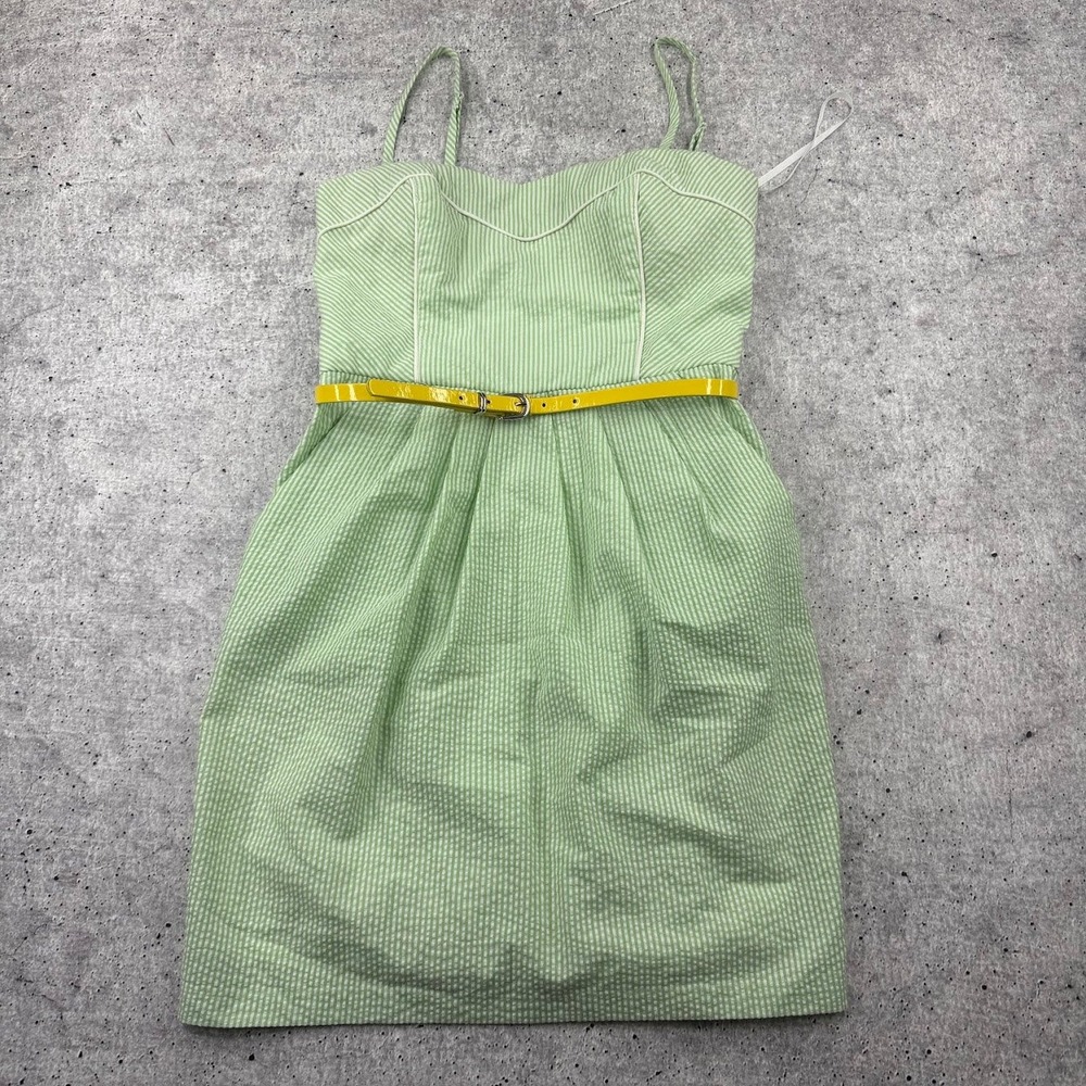 A. Byer Green White Seersucker SpaghettiStrap Mini Dress Women 7 Belt Sweetheart